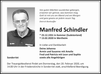 Traueranzeige von Manfred Schindler von Fränkische Nachrichten