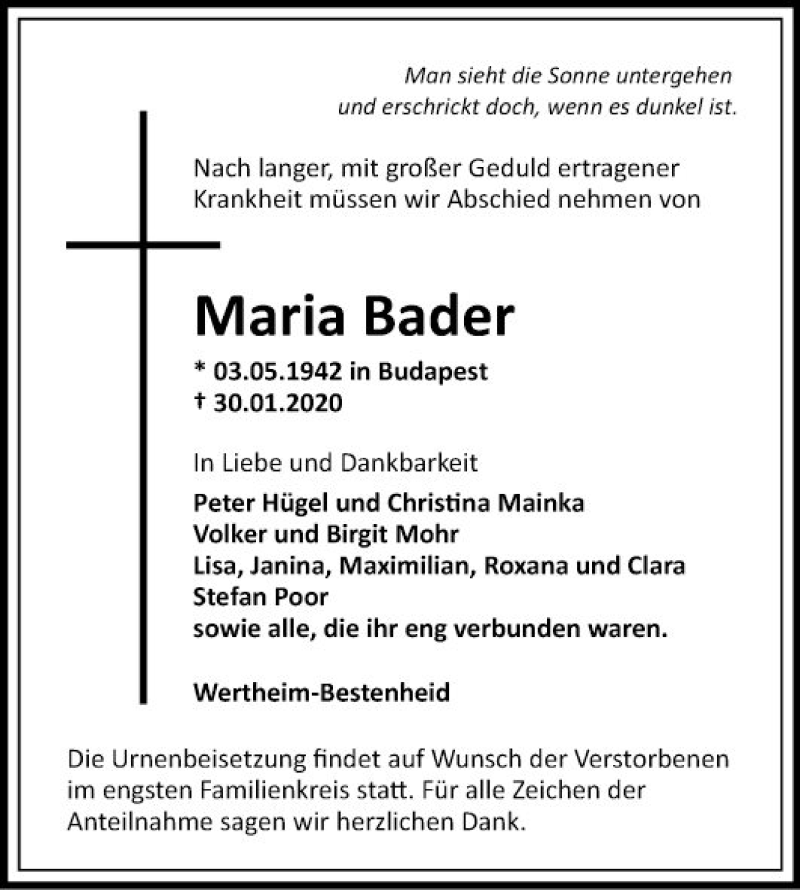  Traueranzeige für Maria Bader vom 08.02.2020 aus Fränkische Nachrichten