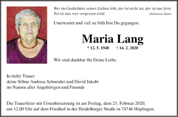 Traueranzeige von Maria Lang von Fränkische Nachrichten