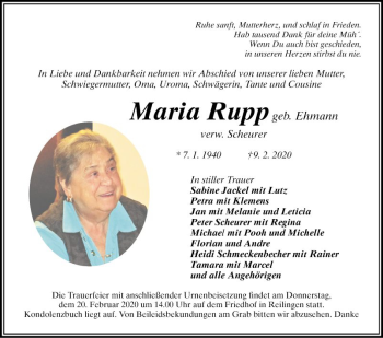 Traueranzeige von Maria Rupp von Schwetzinger Zeitung