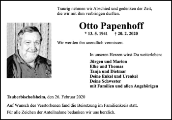 Traueranzeige von Otto Papenhoff von Fränkische Nachrichten