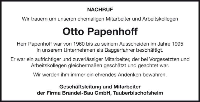  Traueranzeige für Otto Papenhoff vom 27.02.2020 aus Fränkische Nachrichten