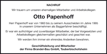 Traueranzeige von Otto Papenhoff von Fränkische Nachrichten