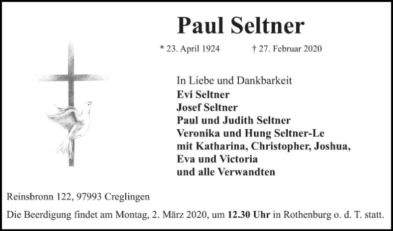  Traueranzeige für Paul Seltner vom 29.02.2020 aus Fränkische Nachrichten