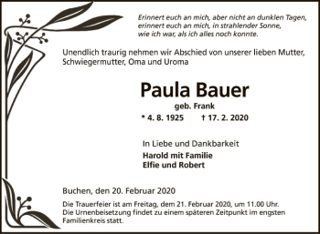 Traueranzeige von Paula Bauer von Fränkische Nachrichten