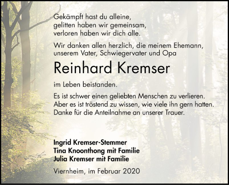  Traueranzeige für Reinhard Kremser vom 29.02.2020 aus Südhessen Morgen