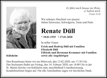 Traueranzeige von Renate Düll von Fränkische Nachrichten