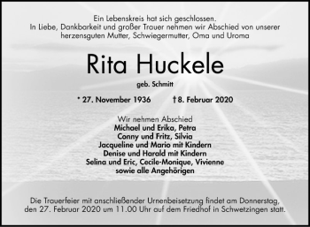 Traueranzeige von Rita Huckele von Schwetzinger Zeitung