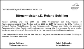 Traueranzeige von Roland Schilling von Mannheimer Morgen