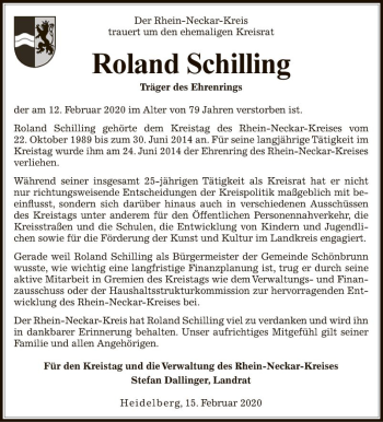 Traueranzeige von Roland Schilling von Mannheimer Morgen