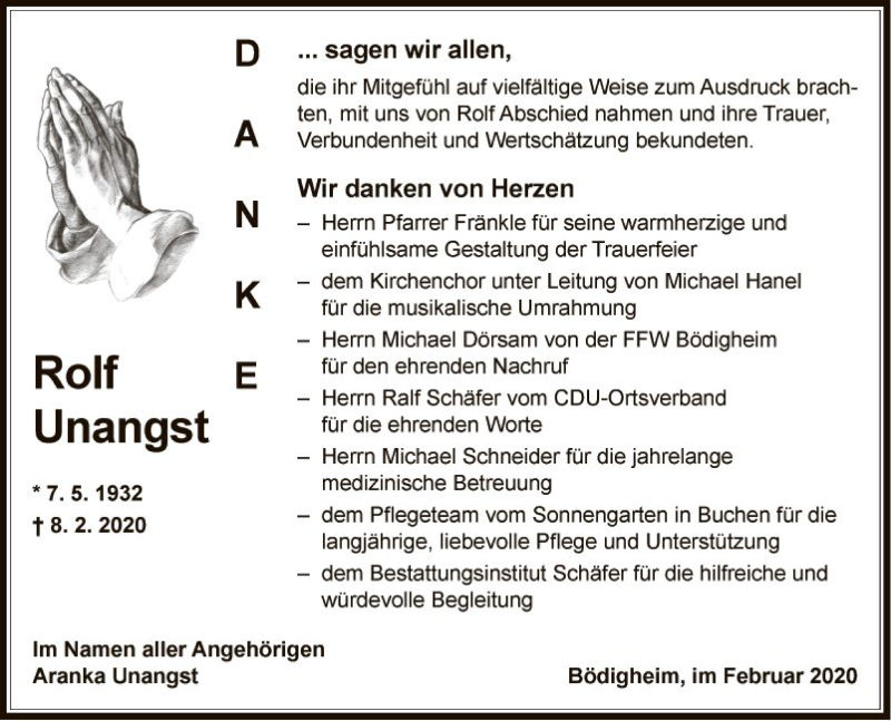  Traueranzeige für Rolf Unangst vom 29.02.2020 aus Fränkische Nachrichten