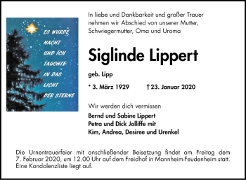 Traueranzeige von Siglinde Lippert von Mannheimer Morgen