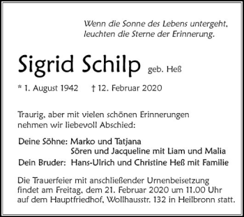 Traueranzeige von Sigrid Schilp von Schwetzinger Zeitung