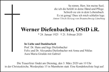 Traueranzeige von Werner Diefenbacher von Mannheimer Morgen