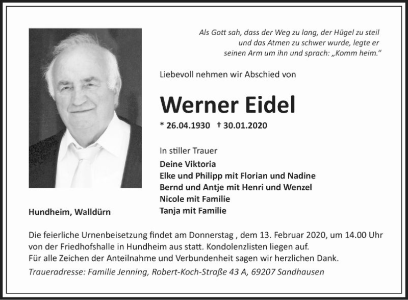  Traueranzeige für Werner Eidel vom 08.02.2020 aus Fränkische Nachrichten