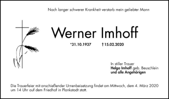 Traueranzeige von Werner Imhoff von Schwetzinger Zeitung