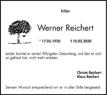Traueranzeige von Werner Reichert von Mannheimer Morgen