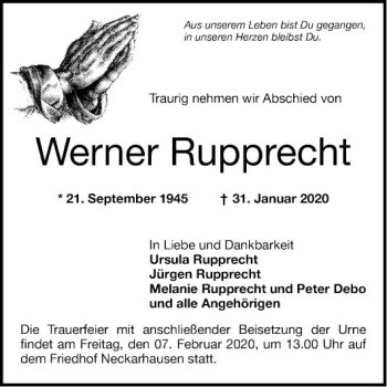 Traueranzeige von Werner Rupprecht von Mannheimer Morgen