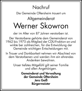 Traueranzeige von Werner Skowron von Schwetzinger Zeitung