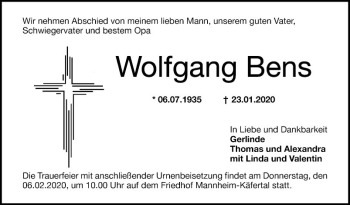 Traueranzeige von Wolfgang Bens von Mannheimer Morgen