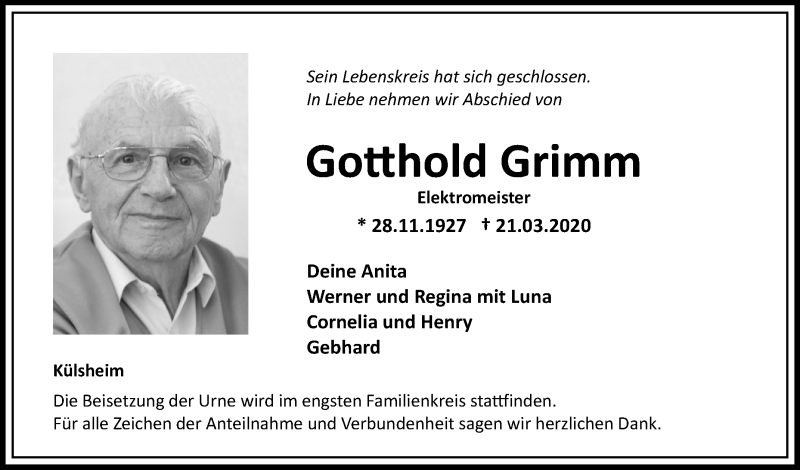  Traueranzeige für Gotthold Grimm vom 28.03.2020 aus 