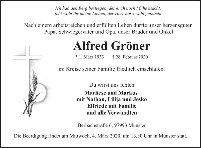  Traueranzeige für Alfred Gröner vom 02.03.2020 aus Fränkische Nachrichten