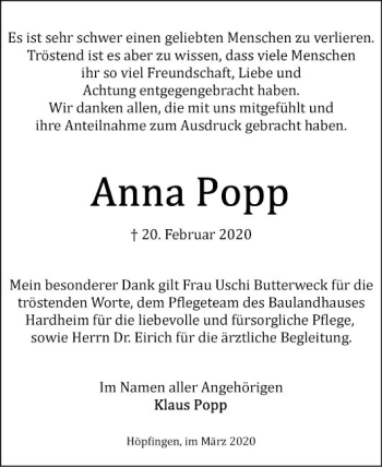 Traueranzeige von Anna Popp von Fränkische Nachrichten