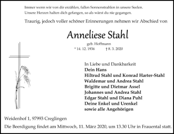 Traueranzeige von Anneliese Stahl von Fränkische Nachrichten