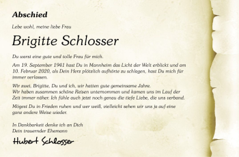 Traueranzeige von Brigitte Schlosser von Mannheimer Morgen