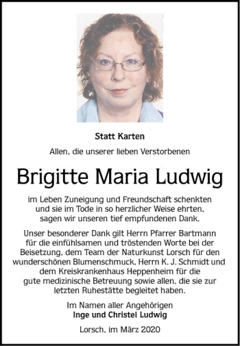 Traueranzeige von Brigitte Maria Ludwig von Bergsträßer Anzeiger