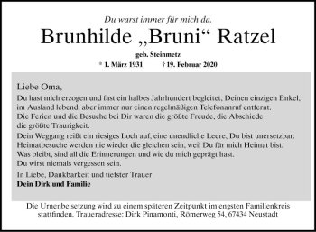 Traueranzeige von Brunhilde Ratzel von Mannheimer Morgen
