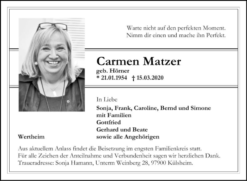  Traueranzeige für Carmen Matzer vom 21.03.2020 aus Fränkische Nachrichten