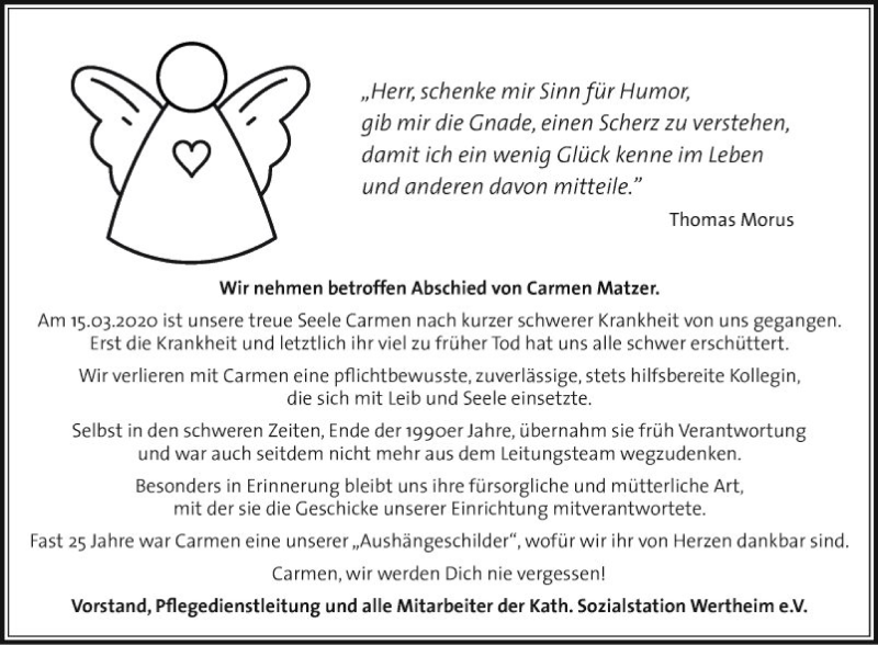  Traueranzeige für Carmen Matzer vom 24.03.2020 aus Fränkische Nachrichten