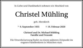 Traueranzeige von Christel Mühling von Mannheimer Morgen