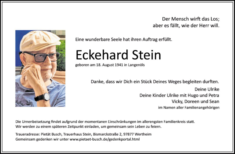  Traueranzeige für Eckehard Stein vom 23.03.2020 aus Fränkische Nachrichten
