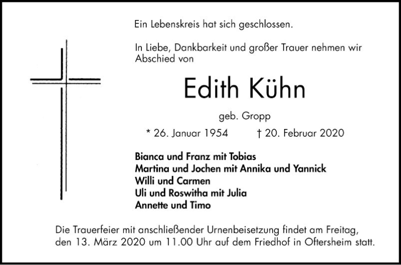  Traueranzeige für Edith Kühn vom 07.03.2020 aus Schwetzinger Zeitung