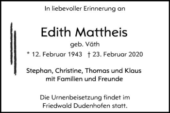 Traueranzeige von Edith Mattheis von Mannheimer Morgen