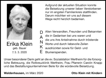 Traueranzeige von Erika Klein von Fränkische Nachrichten