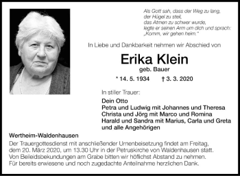 Traueranzeige von Erika Klein von Fränkische Nachrichten