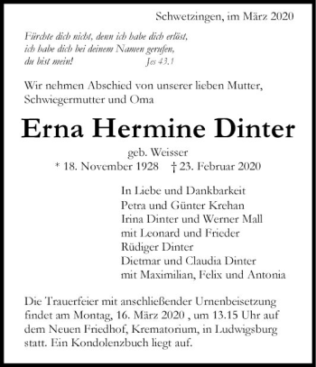 Traueranzeige von Erna Hermine Dinter von Schwetzinger Zeitung