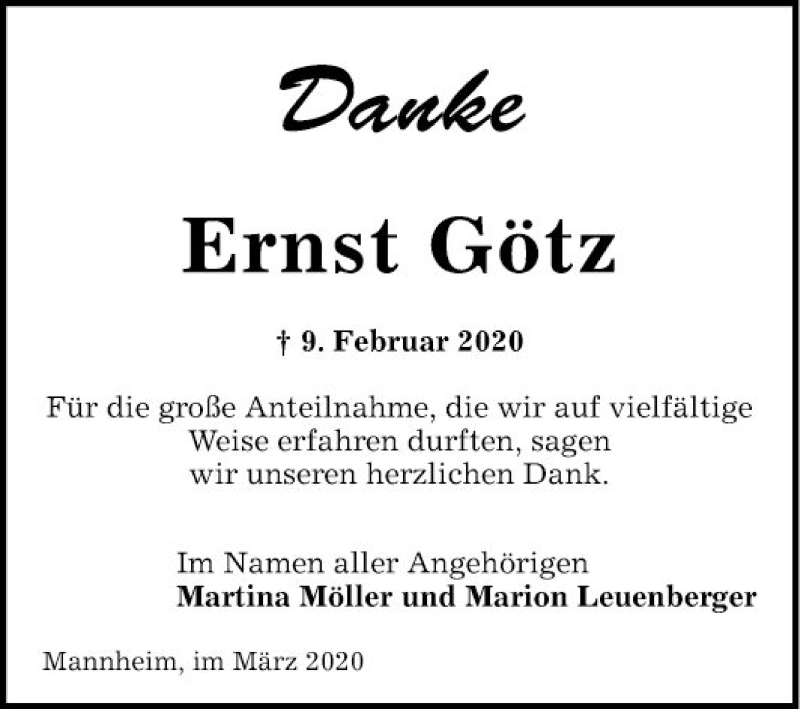  Traueranzeige für Ernst Götz vom 07.03.2020 aus Mannheimer Morgen