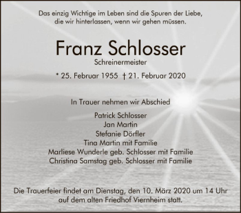 Traueranzeige von Franz Schlosser von Südhessen Morgen