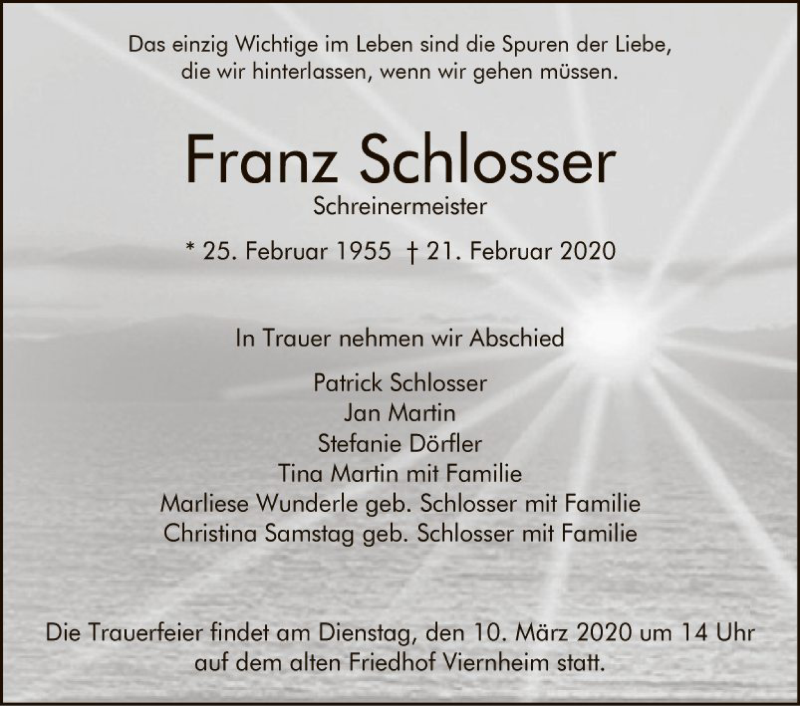  Traueranzeige für Franz Schlosser vom 07.03.2020 aus Südhessen Morgen