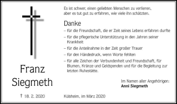 Traueranzeige von Franz Siegmeth von Fränkische Nachrichten