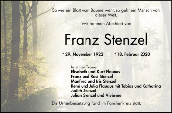 Traueranzeige von Franz Stenzel von Bergsträßer Anzeiger