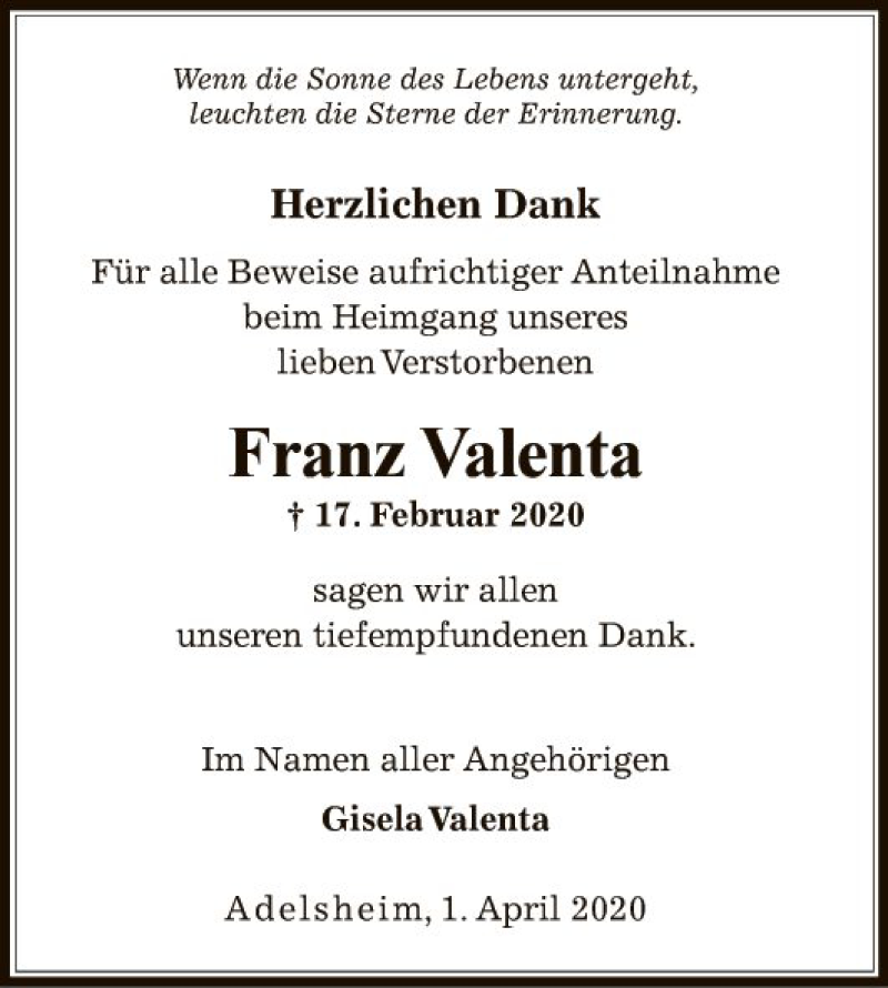  Traueranzeige für Franz Valenta vom 01.04.2020 aus Fränkische Nachrichten