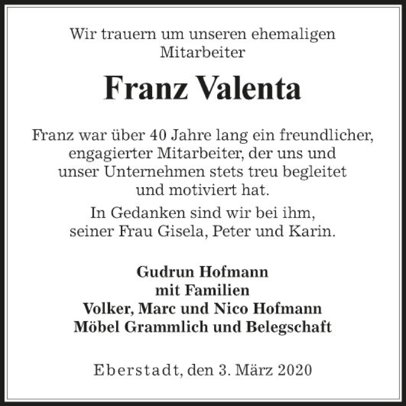  Traueranzeige für Franz Valenta vom 03.03.2020 aus Fränkische Nachrichten