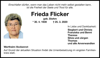 Traueranzeige von Frieda Flicker von Fränkische Nachrichten