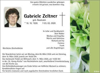 Traueranzeige von Gabriele Zeltner von Fränkische Nachrichten