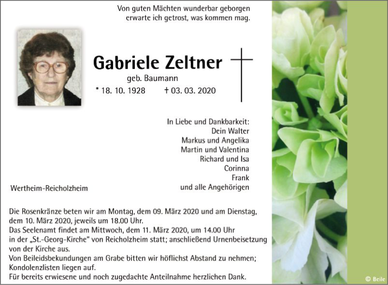  Traueranzeige für Gabriele Zeltner vom 07.03.2020 aus Fränkische Nachrichten